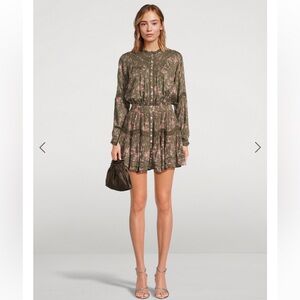 LoveShackFancy Calia Olive Mini Dress with Pink Floral Print XS